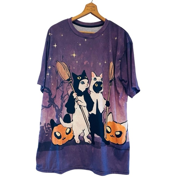 SOCIETY 6 | Unisex Cat Halloween Graphic Tee Large | Spooky Cute Pumpkin GUC - Picture 1 of 9